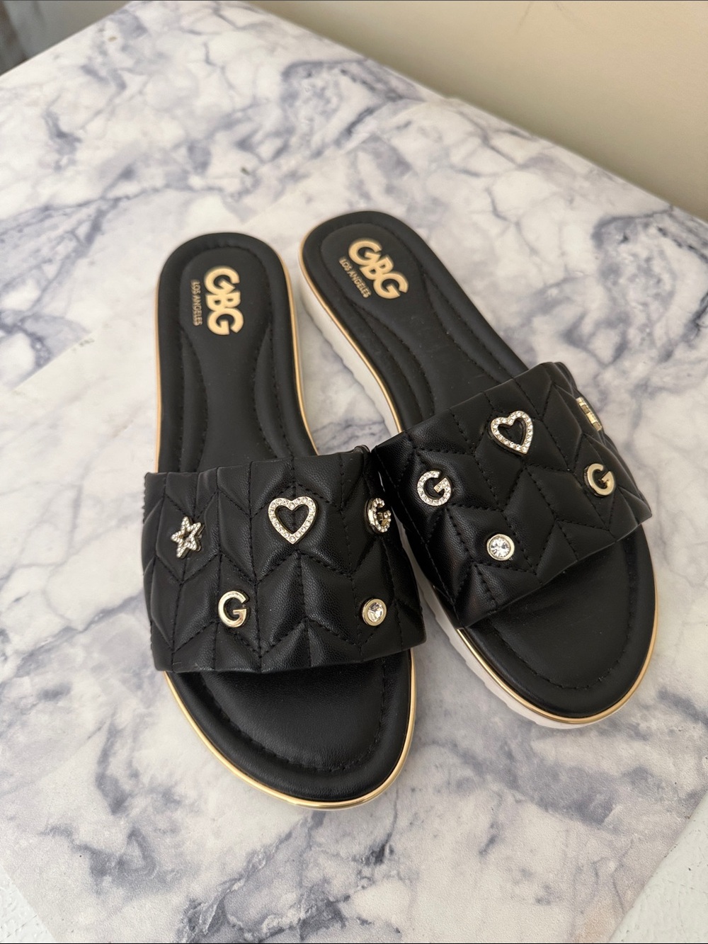 G by Guess Black Quilted Slide Mules with Gold & Crystal Accents